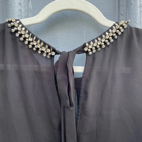 Rebecca Taylor Black Sleeveless Silk Blouse With Rhinestone Collar, size 12 - Picture 6 of 12